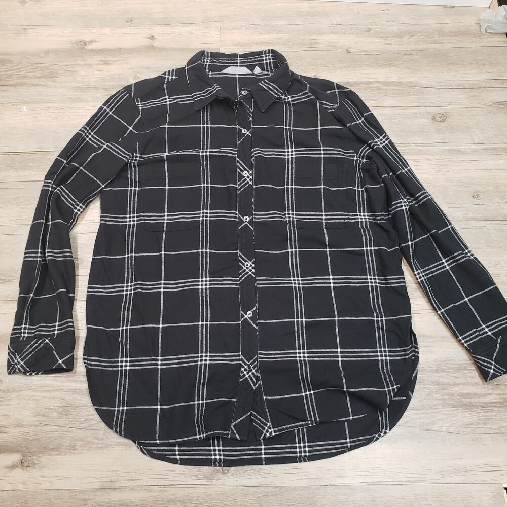 Athleta Flannel Plaid Shirt Women's L Black Plaid Long Sleeve